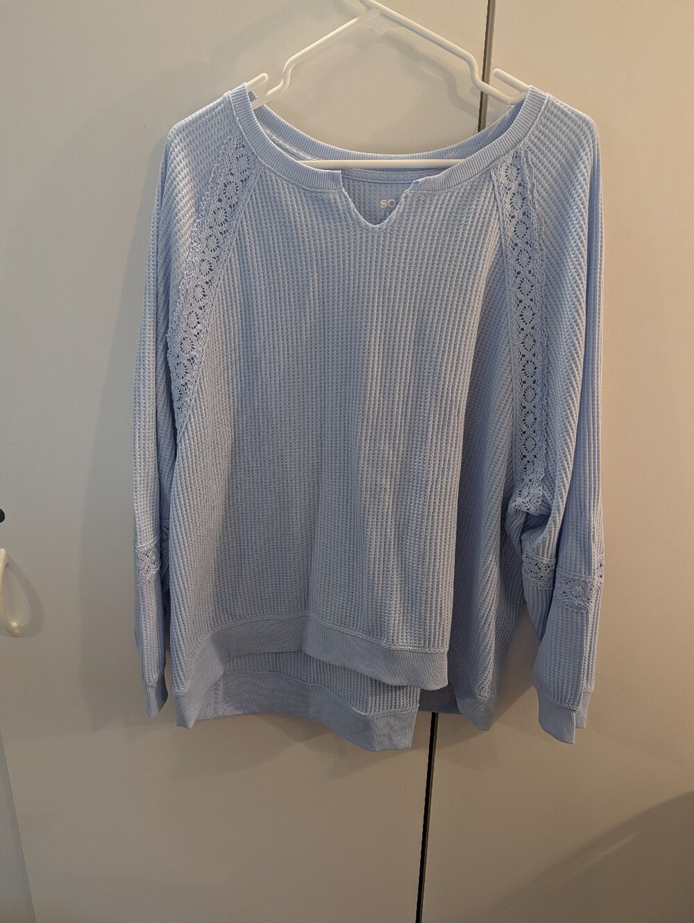 So Woman's Large Light Blue Lace-Trim Waffle Knit Women's Top